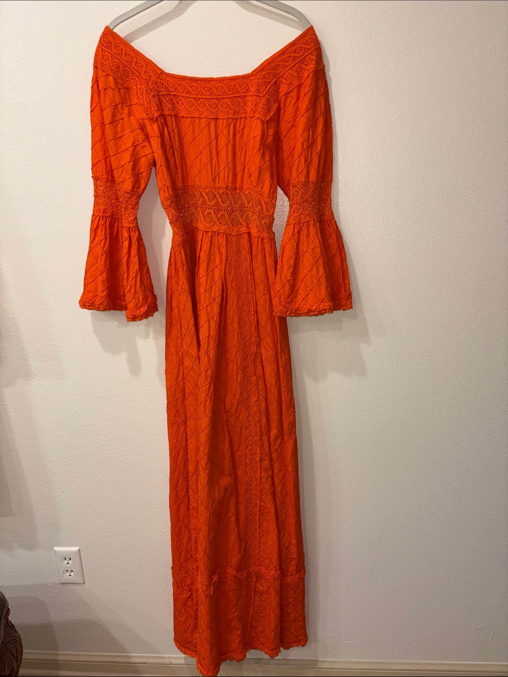 Mexican handmade Off-Shoulder Orange Maxi Dress with Lace Trim